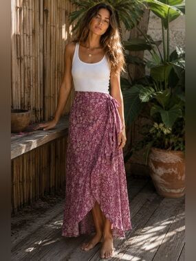 Chan Luu NWT 100% Silk Floral Wrap Maxi Skirt Mauve Pink One Size
